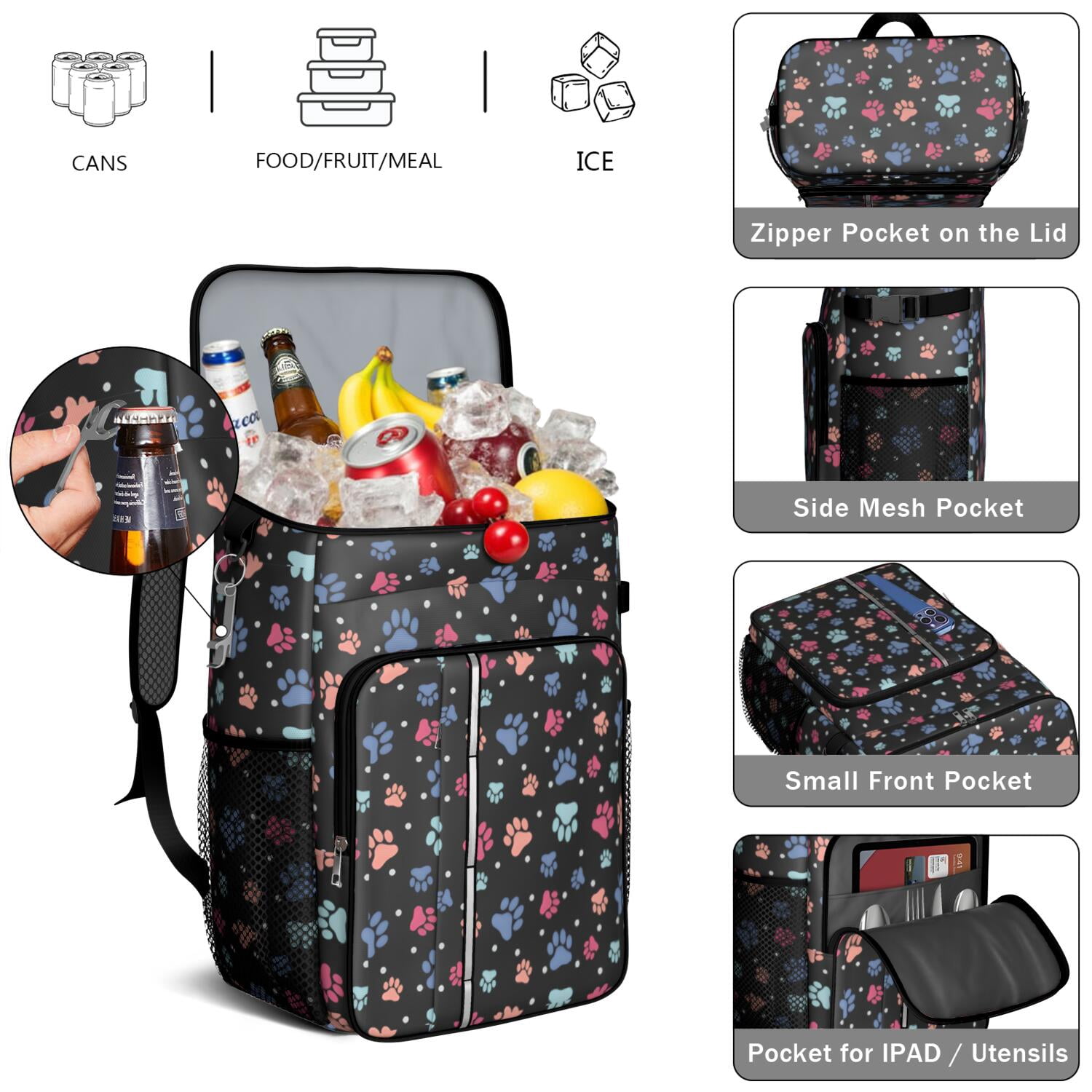 Travel Cooler Bag - Black Dog Paw Footprint Camping Beer Cooler Backpack with Bottle Opener- Waterproof Insulated Picnic Backpacks - Cooler Bag for Beach