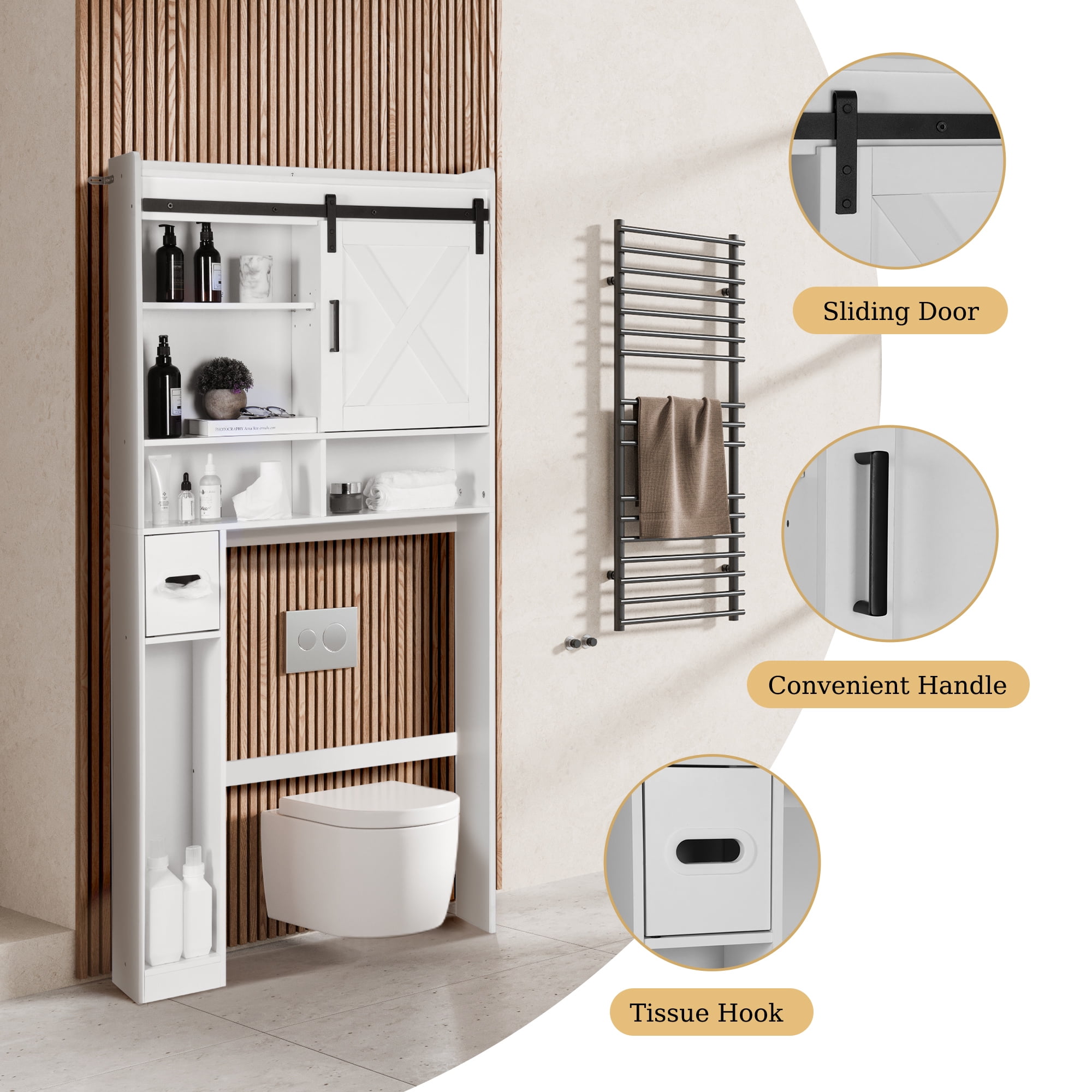Evmore Over the Toilet Storage Cabinet, Freestanding Bathroom Organizer with Adjustable Shelves, Waterproof, 65" H x 32" D x 7.7" W, White