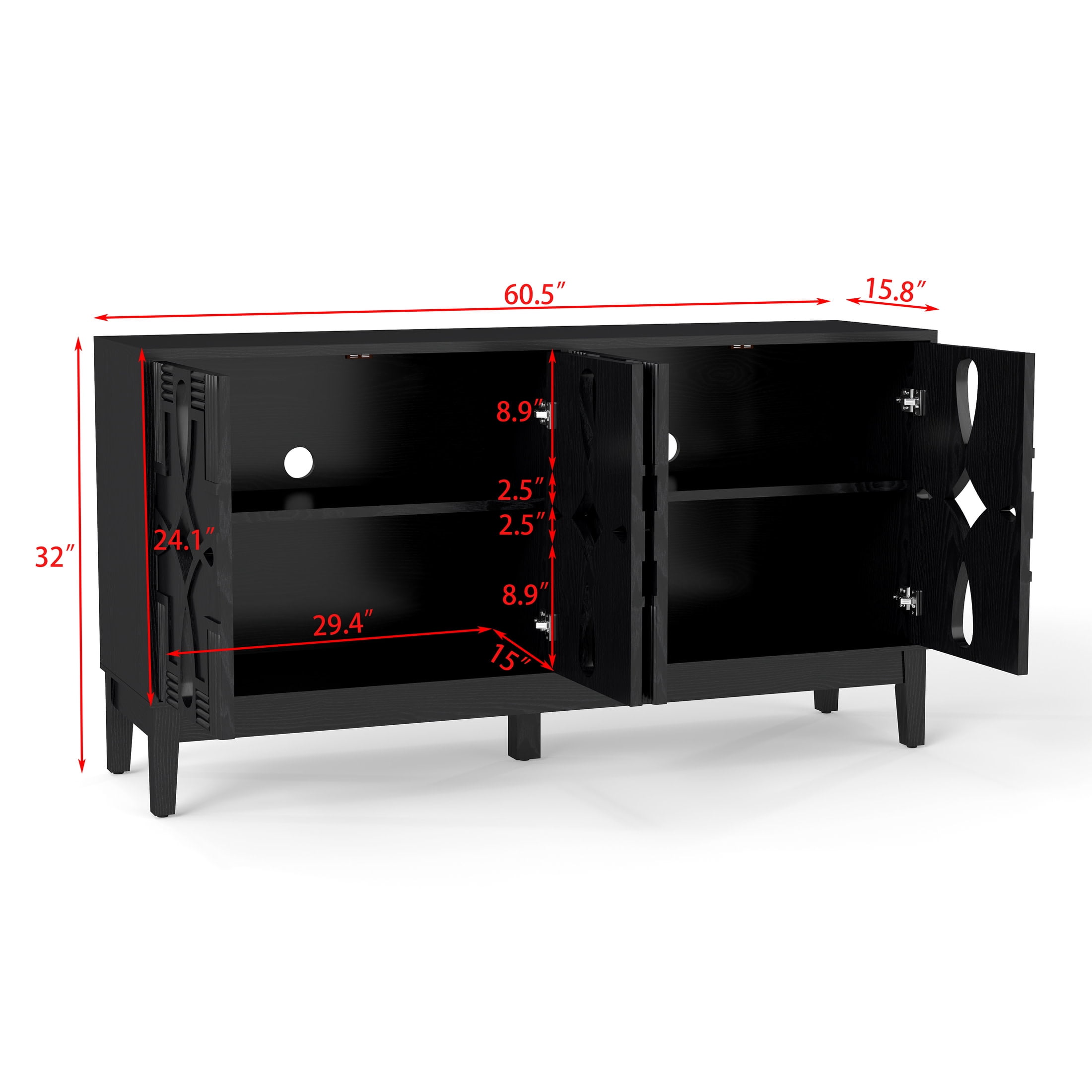 Noble House 60.5" Mid-Century Modern Sideboard Buffet Cabinet, Media Console with Doors & Adjustable Shelves, Black