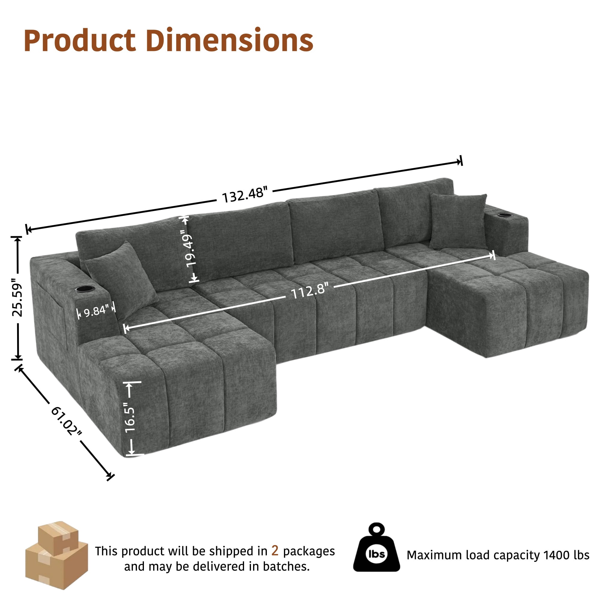 ShiKeyi 132.5" Modern U-Shaped Modular Sectional Sofa with Double Chaise, Premium Chenille Fabric Cloud Couch Set with Cup Holders & Storage Pockets for Living Room, Dark Gray
