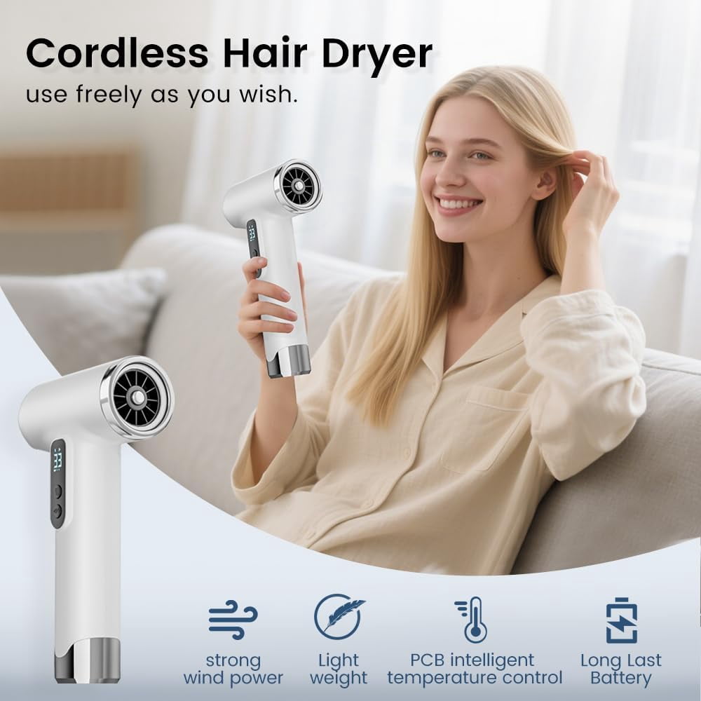 Cordless Rechargeable Hair Dryer, 15000mAh Battery Operated,USB Portable Blow Dryer，3 Adjustable Hot and Cold Air Settings, Used for Travel, Camping, and RV.