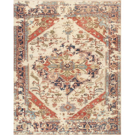 Pasargad Home Serapi 9' x 12' Hand-Knotted Wool Ivory/Navy Rug - All Ages, Indoors