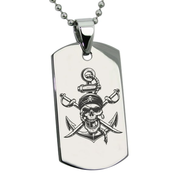 Tioneer Stainless Steel Pirate Skull Anchor & Cross Swords Engraved Dog Tag Pendant Necklace