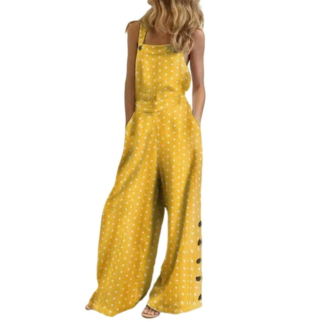Innerwin Combinaison Longue Imprimée Florale pour Femmes Pantalon Large Été Sans Manches Ample une Pièce Jaune à Pois m