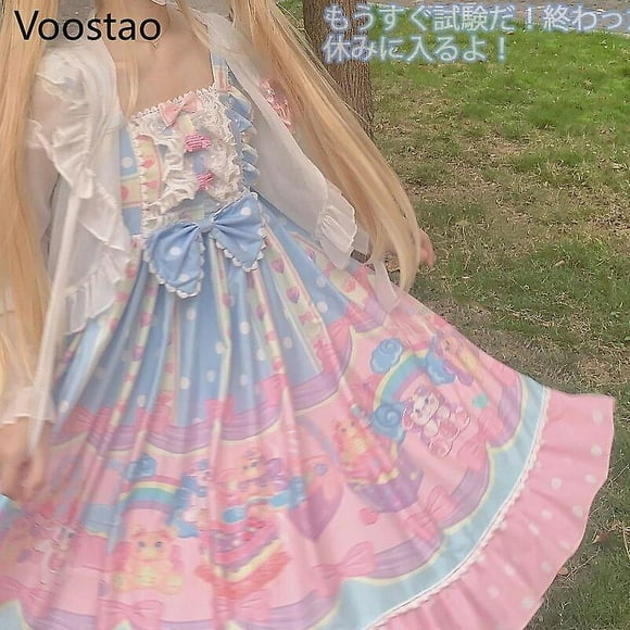 Japanese Sweet Lolita Jsk Dress Women Victorian Vintage Dessert Doll House Print Girls Sleeveless Lace Bow Princess Party Dress Geschenke Fur Frauen