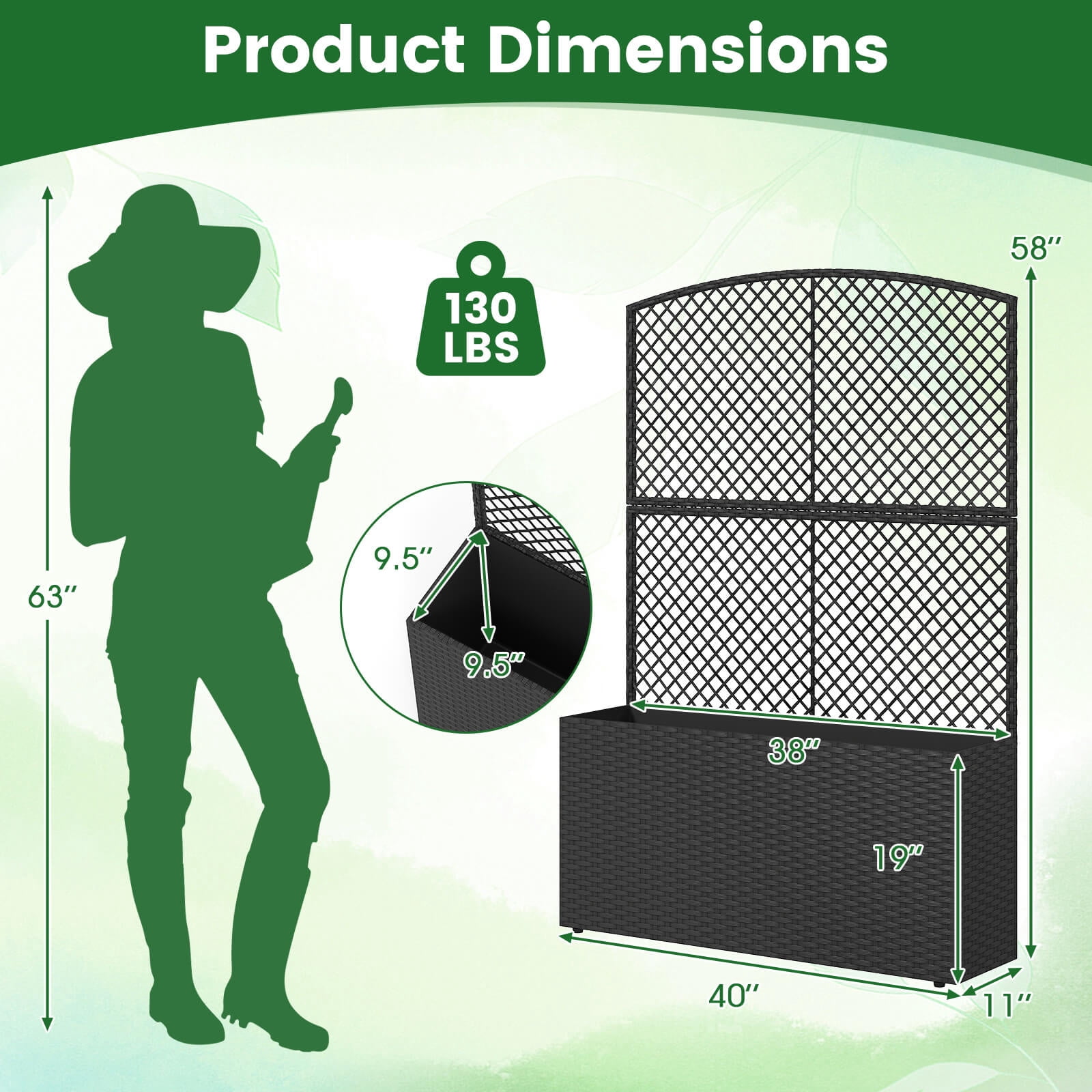 Costway 1 PCS 58” Raised Garden Bed with Trellis, Wicker Planter Box with Privacy Screen Black
