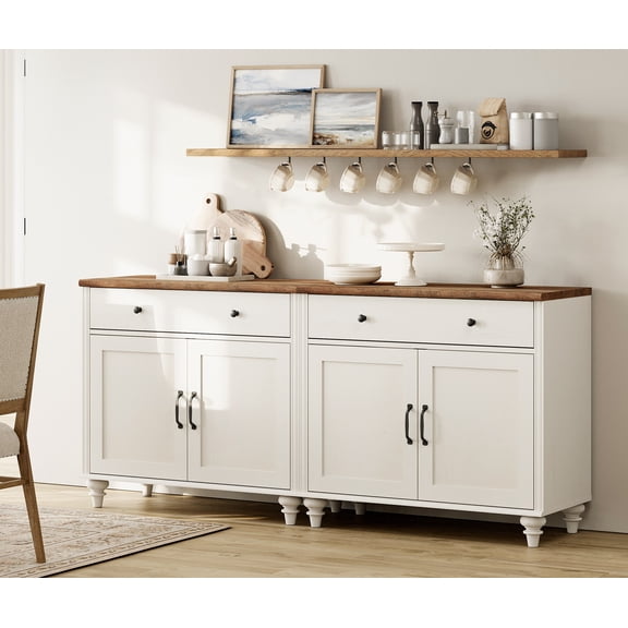 Sideboards Cabinet with 4 Doors and 2 Drawers, Farmhouse Large Buffet Cabinet Wood Kitchen Storage Cabinets, Modern Sideboard Credenza for Dining Room, White, 68"