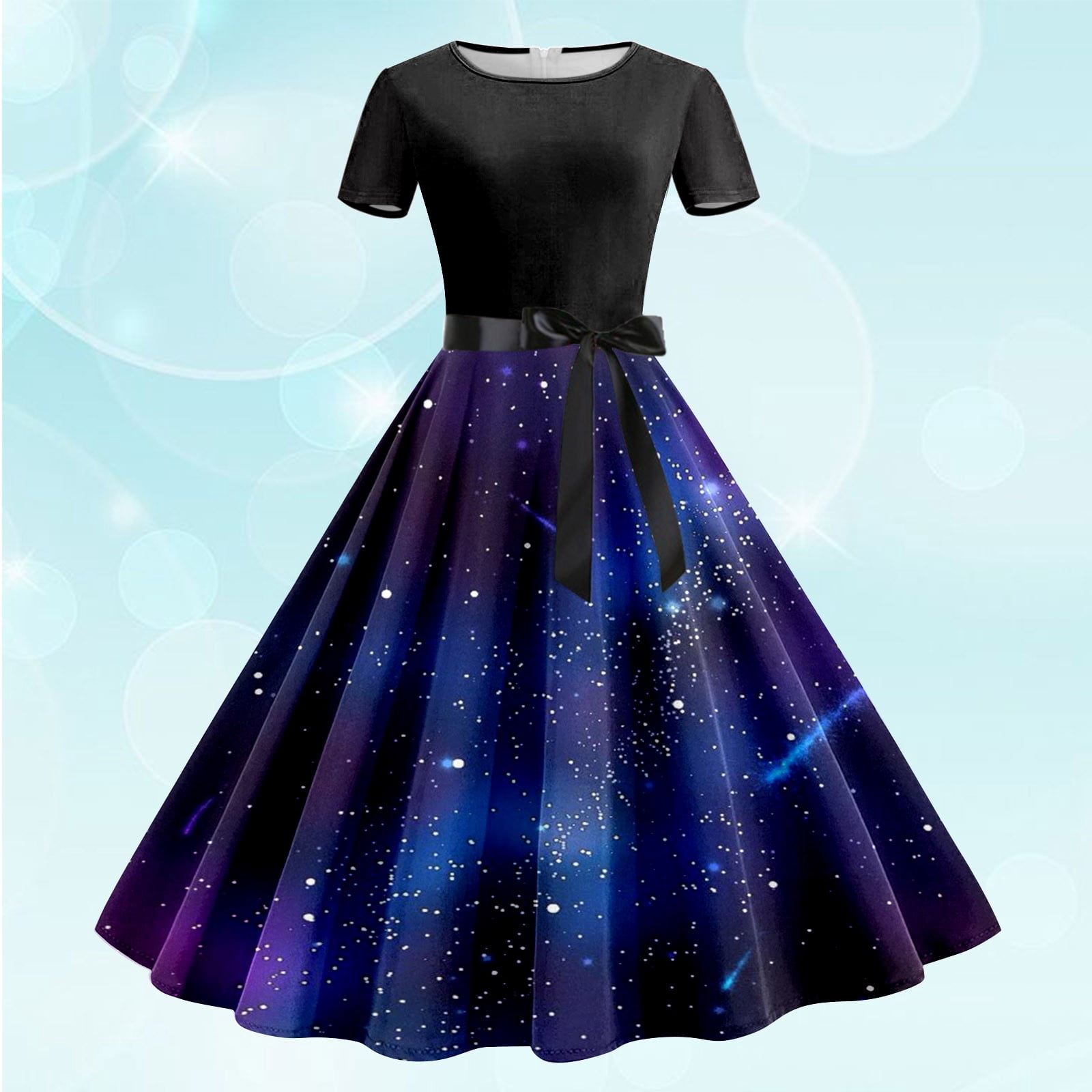 XIAOCHA Women's Galaxy Print Swing Dress Short Sleeve Round Neck Tie Waist Midi Dress Retro 1950s Style Party Dress