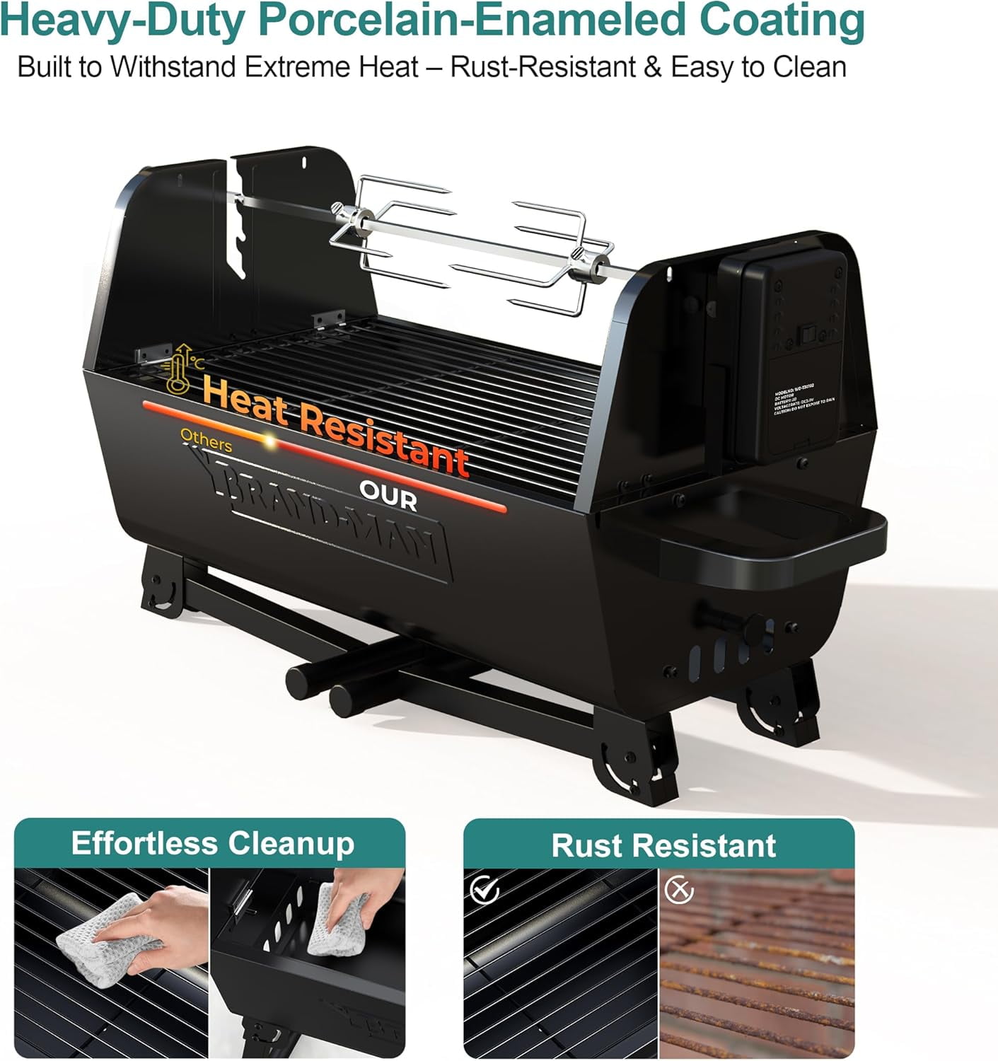 Brandman Grills Portable 2-in-1 Charcoal Rotisserie Grill with Spit Roaster & Motor, BBQ Outdoor Cooking