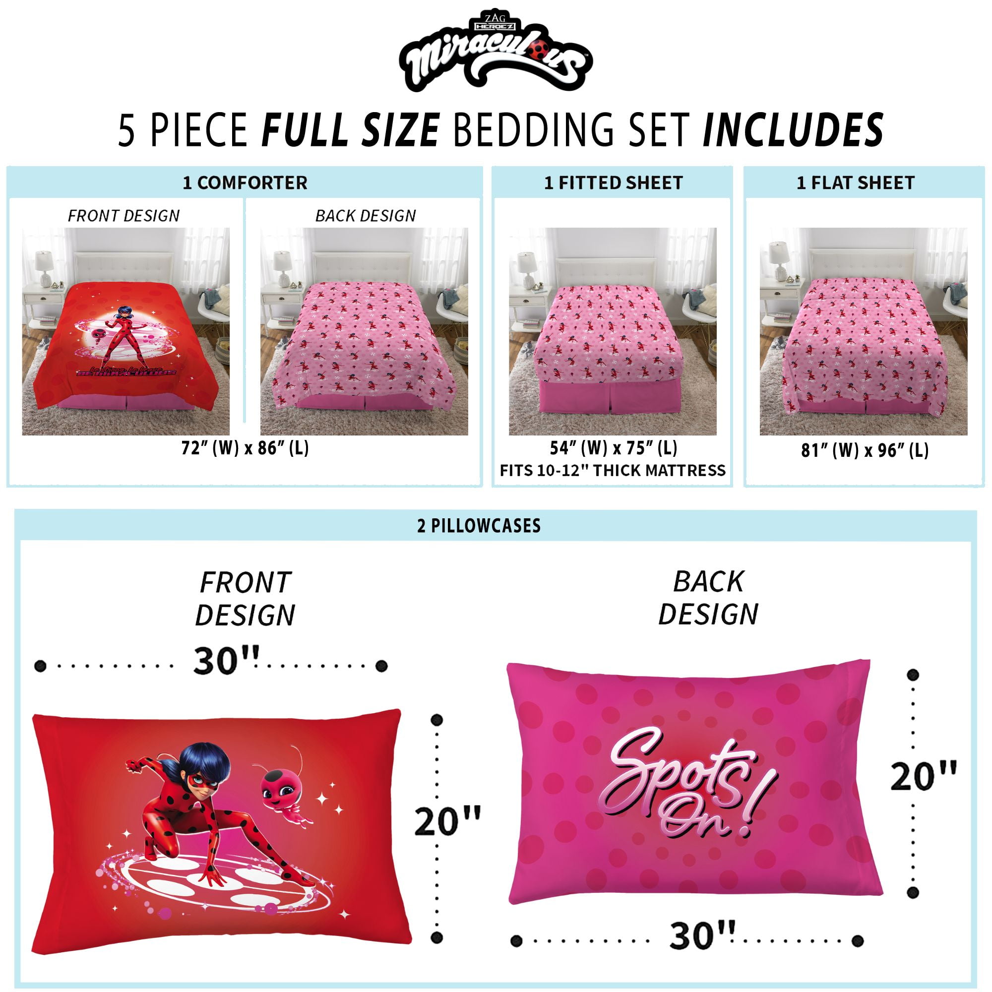 Miraculous Ladybug Kids 5 Piece Red Pink Reversible Comforter, Bed in a Bag, Full