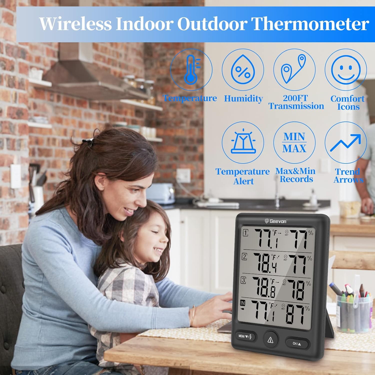 Geevon Indoor Outdoor Thermometer Wireless with 3 Remote Sensors, Wireless Thermohygrometer, Digital Temperature Humidity Meter with 200FT/60M Range(Black)