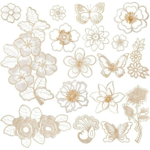 17Pcs 17 Styles Embroidery Lace Applique Flower Lace Embroidery Appliques Butterfly Sew On Patches Beige Lace Patches for Clothes Repairing Decorating Wedding Bridal Dress DIY Crafts diy