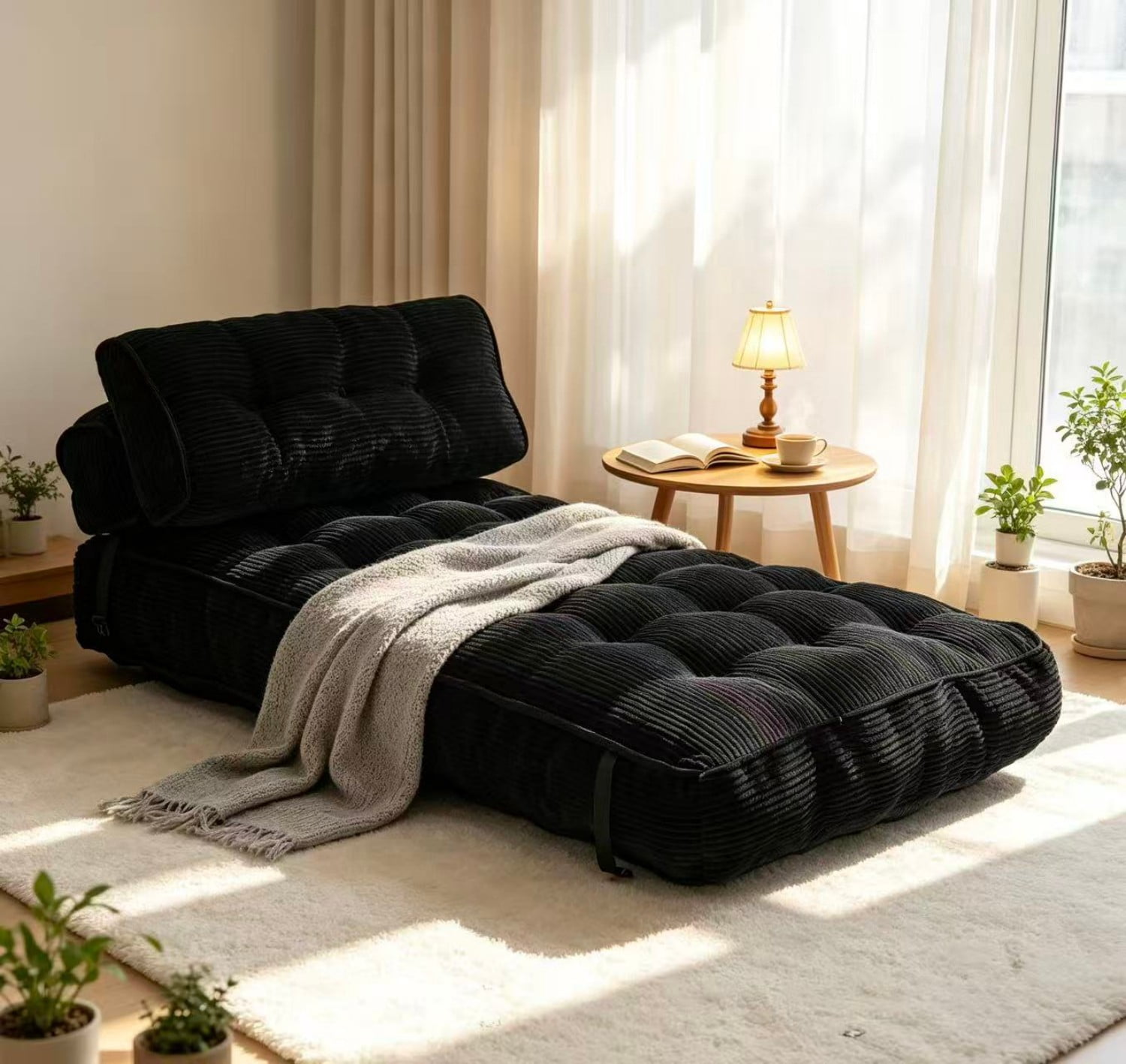 Folding Sofa Bed, Convertible Sleeper Chair Bed with Headrest & Lumbar Pillow, Foldable Floor Sofa Mattress for Living Room, Bedroom, Small Space, Black