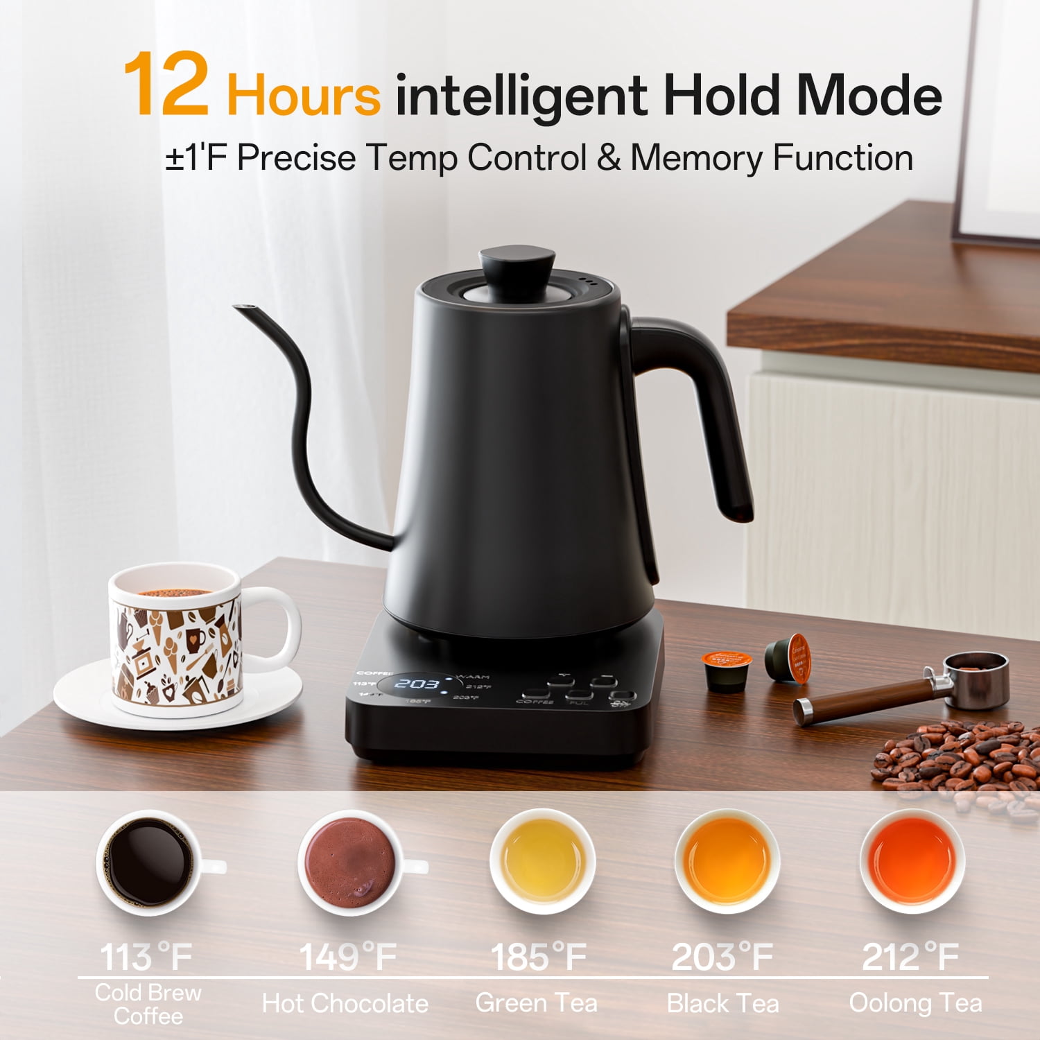 TINANA Gooseneck Electric Kettle, 5 Preset Temp Control, ±1℉ Precision, 1.0L Pour Over Kettle for Coffee & Tea, Stainless Steel Interior, 1200W, Black