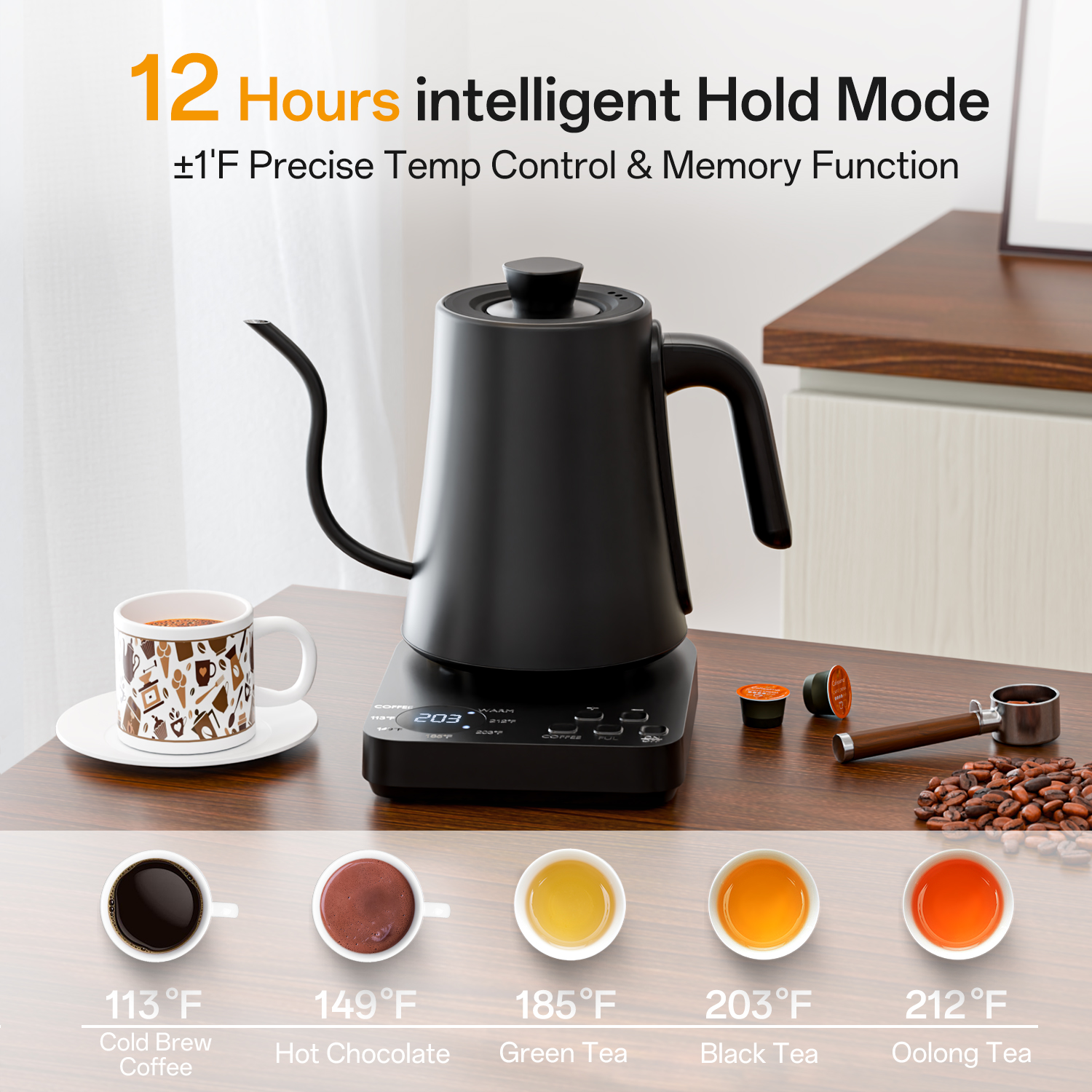 TINANA Gooseneck Electric Kettle, 1L, 5 Preset Temps photo 2