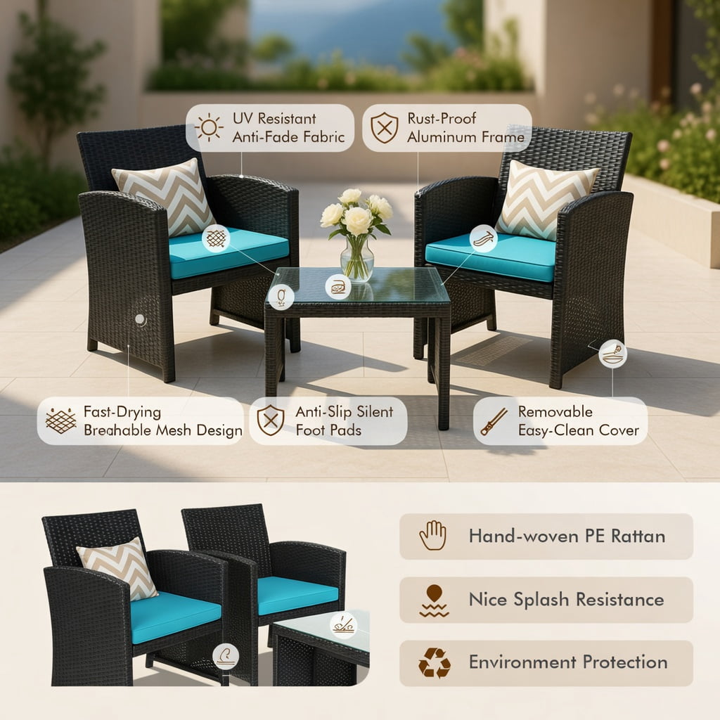Hommoo 4-Piece Modern Black PE Rattan Patio Furniture Set with Weather-Resistant Cushions, Tempered Glass Coffee Table, Loveseat & 2 Single Sofas for Backyard, Poolside & Balcony, Turquoise