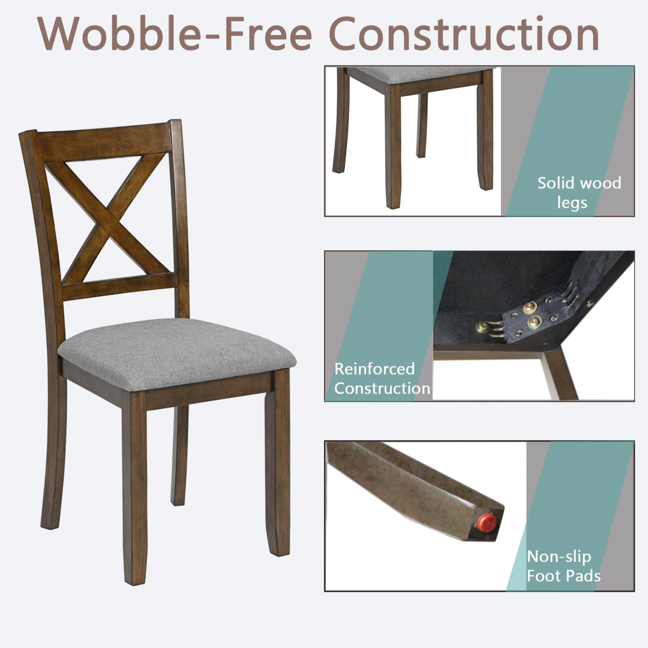 Noble House 5-Piece Dining Set, Square Wooden Table with 4 Upholstered Chairs for Kitchen and Dining Room, Walnut