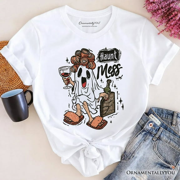 Haunt Mess Wine-Loving Ghost T-Shirt, Funny Halloween Tee with Spooky Ghost