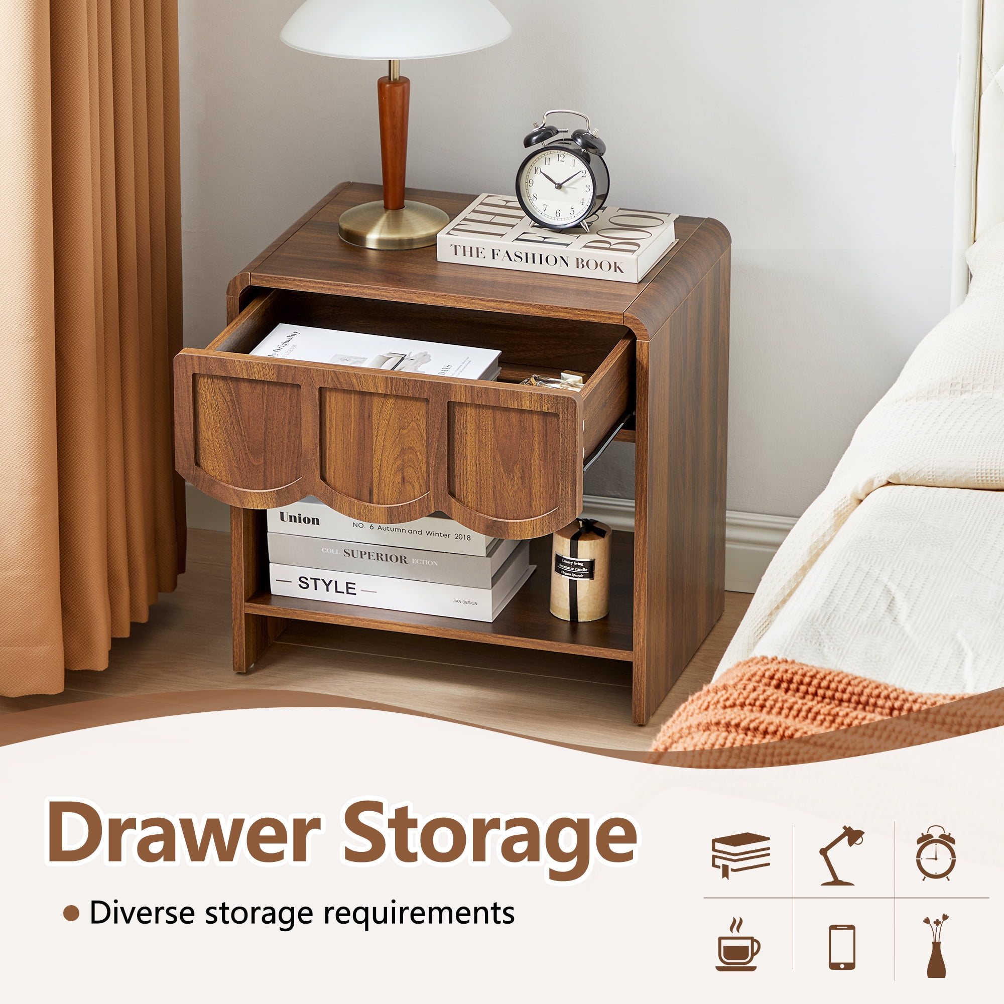 Wirrytor Farmhouse Walnut Fluted Nightstands Set of 2, Mid-Century Chic End Table with Drawer and Open Shelf Storage, Curved Edge Bedside Table for Bedroom Living Room