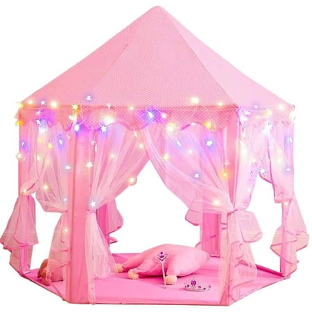55" x 53" Girls Pink Large Princess Castle Play Tent Toys W/ LED String Light Birthday Gift Unbranded