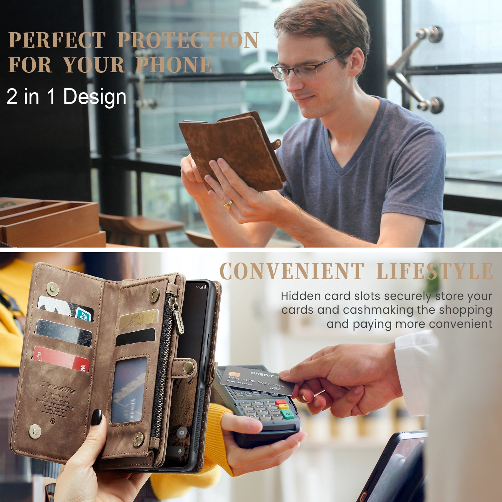 Feishell Durable 2- In-1 Magnetic Detachable Wallet Case for iPhone 16,for Women Men,Premium PU Leather Zipper Pocket Flip Multi Card Slots Purse Phone Case with Wrist Strap,Darkbrown