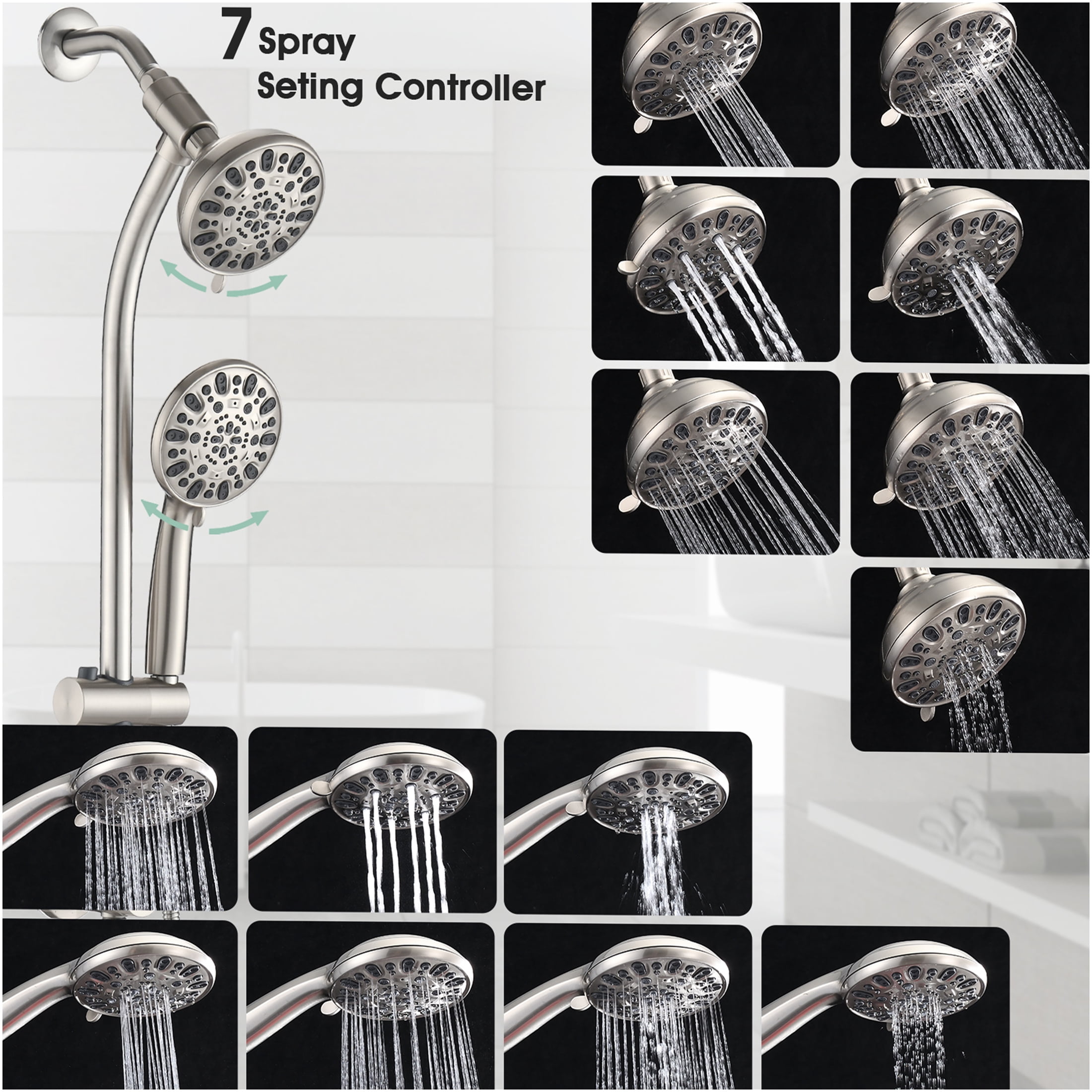 JERFIT Dual Shower Head System with Slide Bar, 7-Setting Brushed Nickel Rain Shower Combo, No-Drill Spa Set with Rough-in Valve