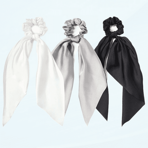 Hair Scarf Scrunchies Set of 3, Black White Gray Elastic Hair Ties with Knotted Bow and Satin Ribbon for Women and Girls
