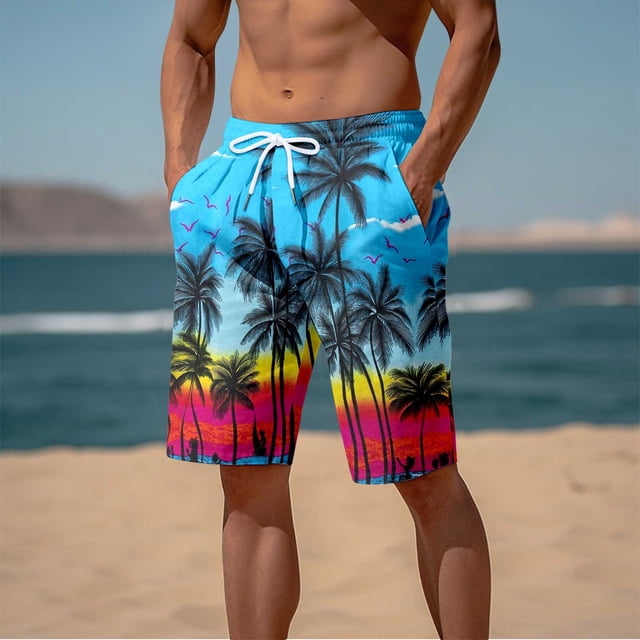 Short de Plage pour Hommes avec Imprimé 3D Coucher de Soleil Cocotier Décontracté