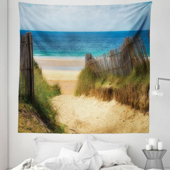 Beach Pathway Tapestry, Path to Sand with Beachgrass Way to the Wide Bandy Beaches of the Atlantic, Fabric Wall Hanging Decor for Bedroom Living Room Dorm, 5 Sizes, Multicolor, by Ambesonne