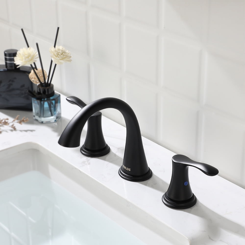 PARLOS Widespread 2 Handles Bathroom Faucet with Metal Pop Up Sink Drain and cUPC Faucet Supply Lines, Matte Black