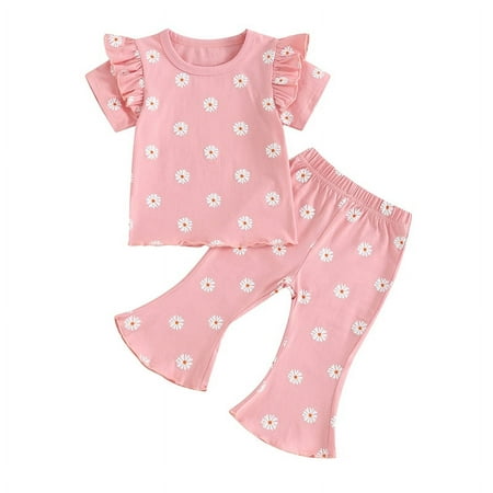 

Toddler Baby Girl 2Pcs Summer Outfits Daisy Floral Print Ruffle Short Sleeve T-Shirt Flare Pants Set
