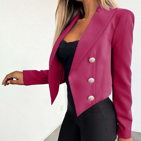 fartey Women's Elegant Shawl Collar Crop Open Front Button Jacket Long Sleeve Work Office Short Blazer