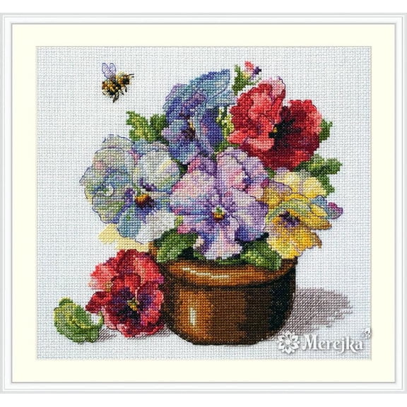 Merejka Counted Cross Stitch Kit Spring Pansies K-215 | Zweigart Aida 16 White Fabric | 40 DMC Thread Colors | 7√ó6.7 in (18√ó17 cm)