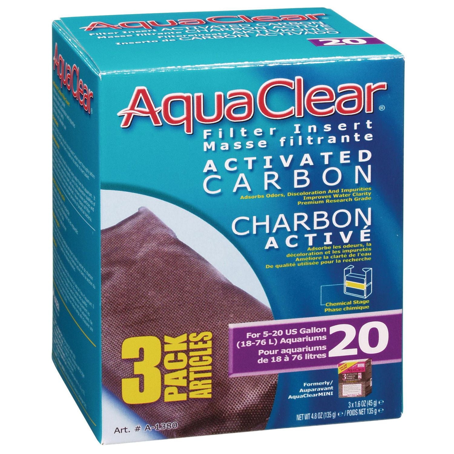 Charbon activé pour AquaClear 20/Mini, 135 g (4,8 oz), paquet de 3