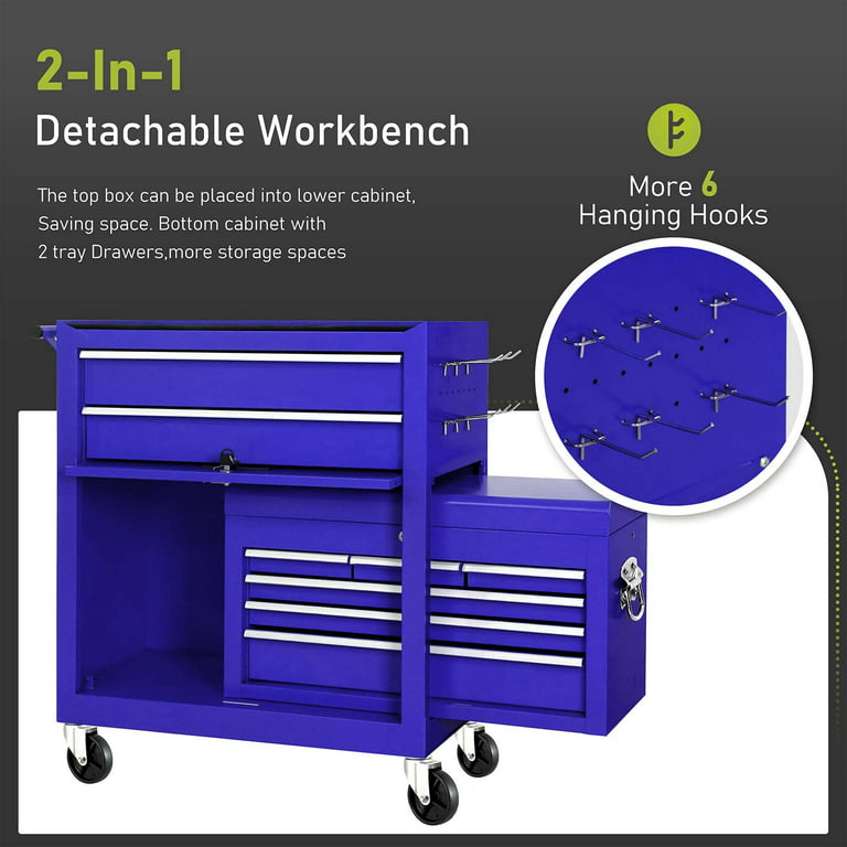Aukfa Tool Chest, 2 in 1 Steel Rolling Tool Box & Cabinet on Wheels for Garage, 8-drawer, Blue, Size: 26.4 inch Large x 14.6 inch W x 28 inch H
