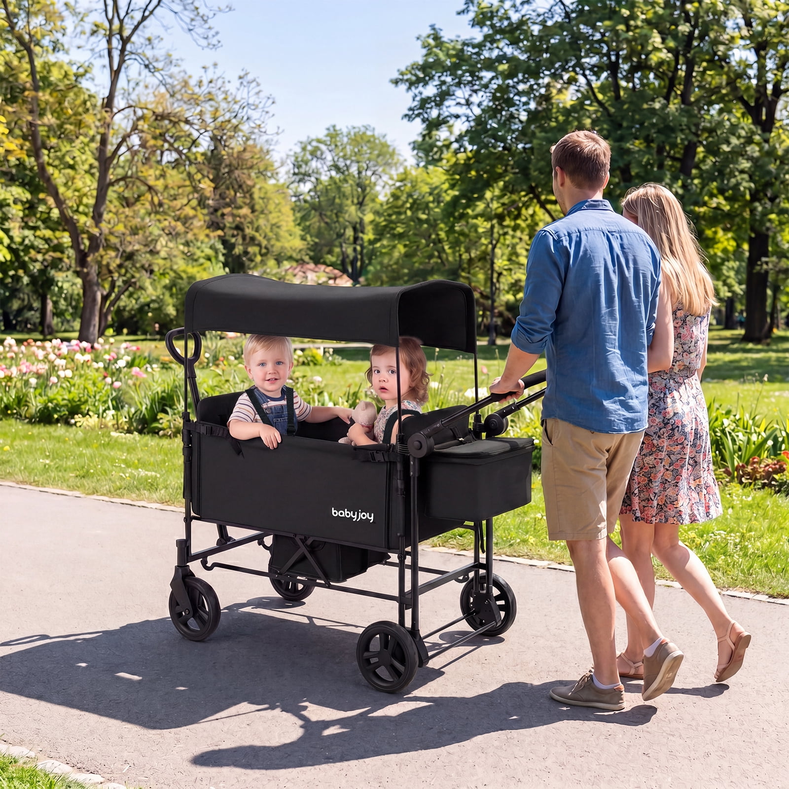 Babyjoy Foldable Wagon Stroller ,Baby Stroller with Removable Canopy,Adjustable Handle Black
