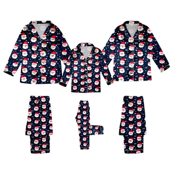 Ediodpoh Christmas Family Pajamas Matching Sets Printed Imitation Silk Long Sleeve Parent Child Outfit Home Pajamas for Women Navy_002 XL