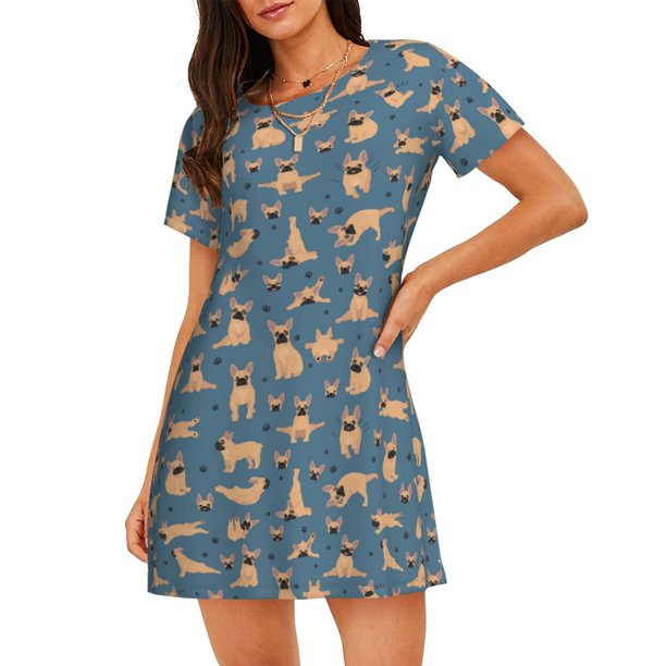 Disketp French Bulldog Yoga para Camisón Corto de Manga Corta para Mujeres, Camisón Cómodo con Escote Redondo, Bonito y Confortable