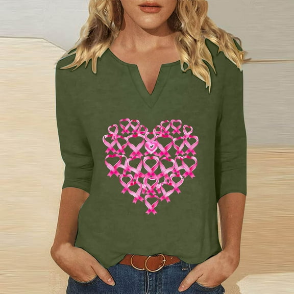 Royisotas Casual Womens Tops Plus Size Army Green 3/4 Sleeve Summer Breast Cancer Awareness Day Women's Shirts Fashion Loose Fit V-Neck Womens Tshirt