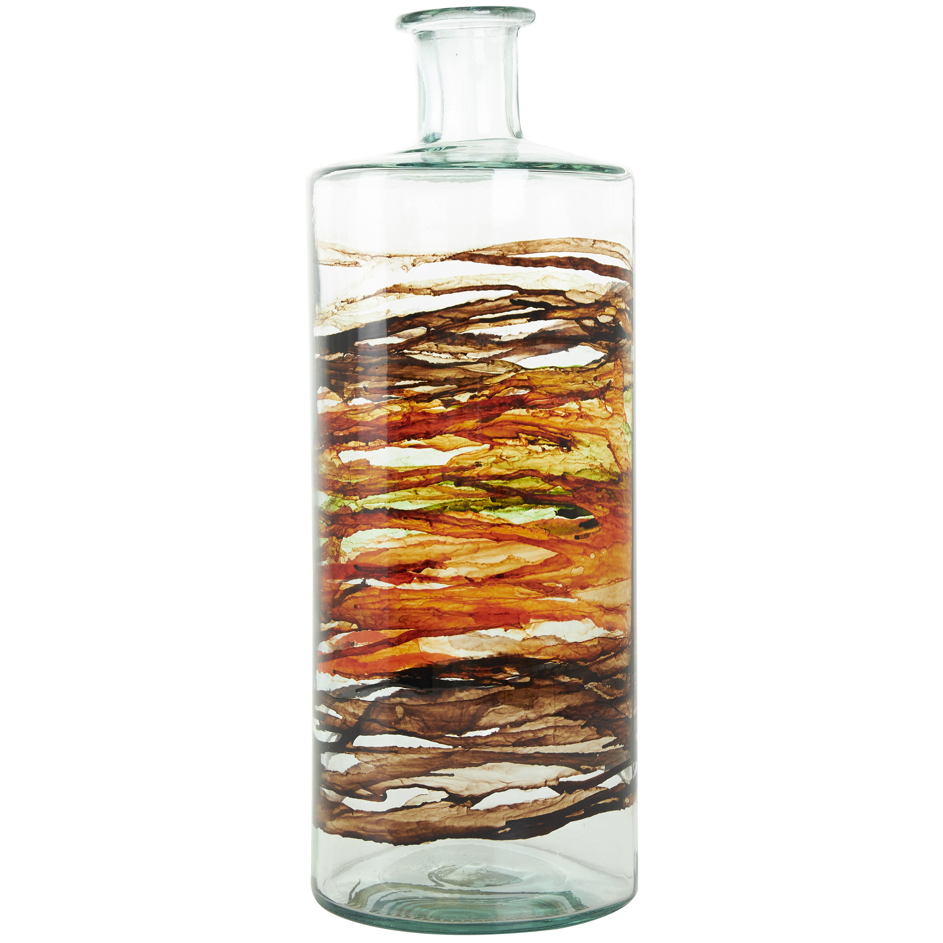 DecMode 16" Abstract Spanish Bottle Recycled Glass Vase with Swirled Colored Glass Bands