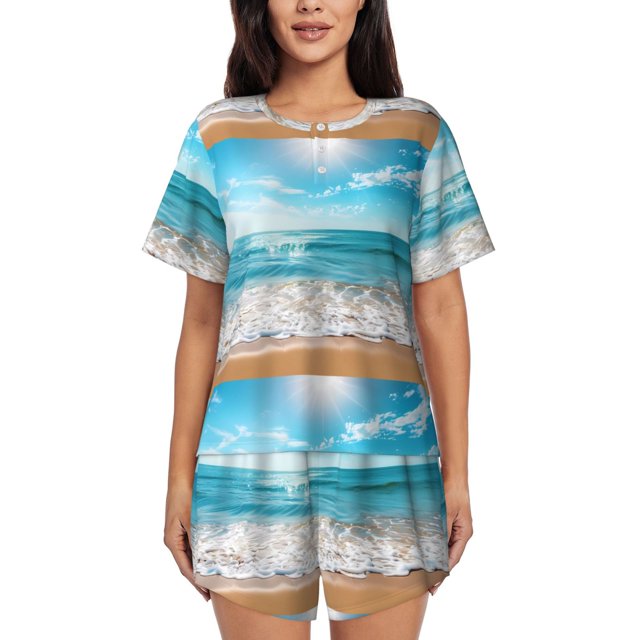 Balery Sunny Ocean Waves Conjunto de Pijama para Mujer con Estampado, Dos Piezas de Manga Corta y Shorts, Ropa de Dormir Suave con Cuello Redondo y Bolsillos-XX-Large