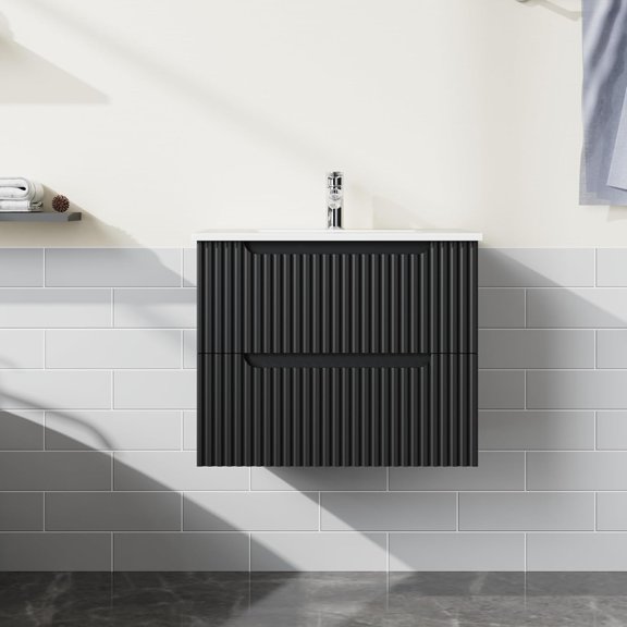 24" Wall Mounted Bathroom Vanity with Sink, Floating Black Cabinet, 2 Soft-Close Drawers