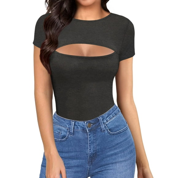 ALGALAROUND Women's Cutout Tops Basic Long Sleeve/Short Sleeve Round Neck Slim Fit T-Shirts (Short Sleeve Dark Heather Grey Small)