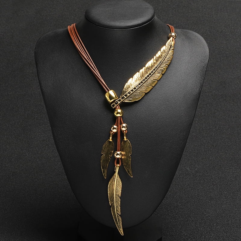 Multilayer Bohemian Feather Leaves Pendant Necklace Sweater Chain Jewelry 
