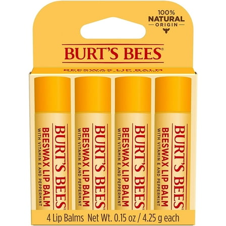 Burt's Bees Natural Origin Moisturizing Lip Balm, Original Beeswax, 4 Ea, 0.6 oz