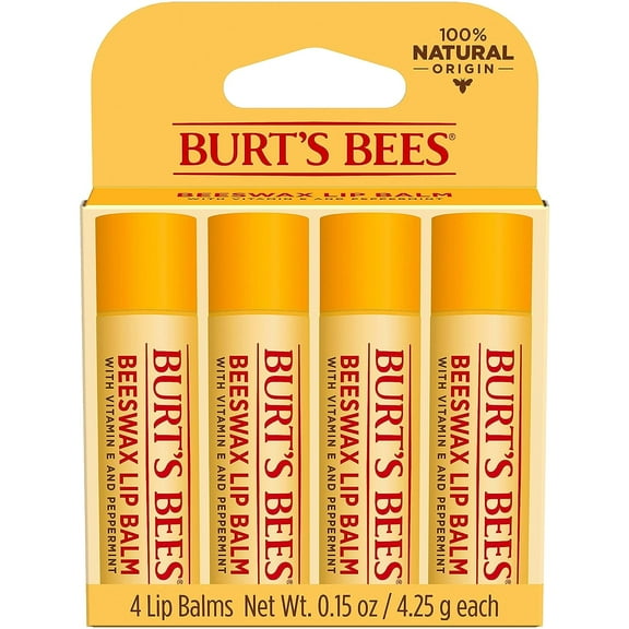 Burt's Bees Natural Origin Moisturizing Lip Balm, Original Beeswax, 4 Ea, 0.6 oz