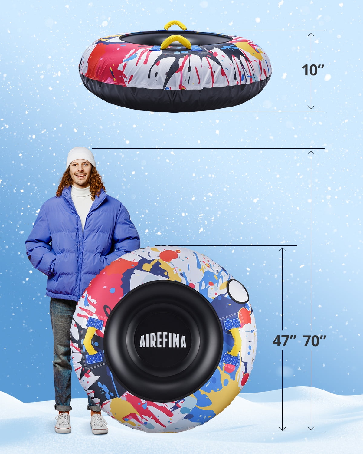 Airefina 47" Snow Tubes, Heavy Duty Inflatable Snow Sleds with 2 Nylon Handles for Kids and Adults Outdoor Sledding