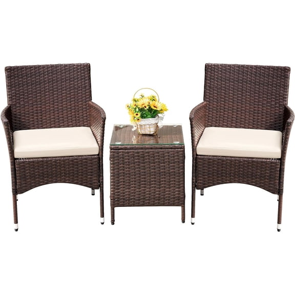 Devoko 3-Piece PE Rattan Patio Furniture Set, Brown, 2 Chairs   Tempered Glass Table