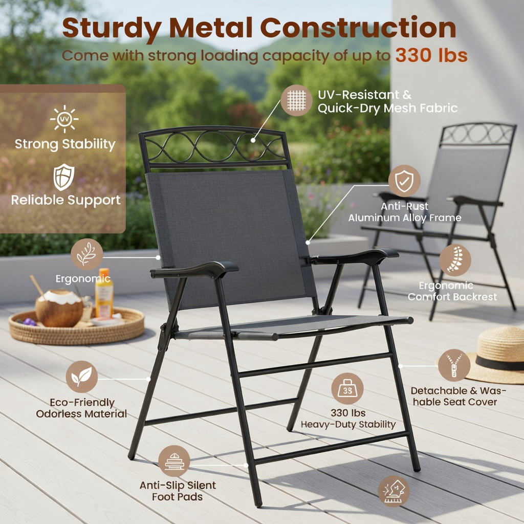 Hommoo 4-Pack Folding Patio Chairs with Armrests, Outdoor Dining Chairs, Lightweight Metal Frame, Easy-Store Compact Design for Deck, Backyard & Poolside, Gray