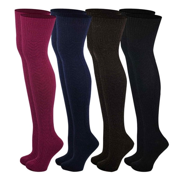 Sumona 4 Pairs Winter Wool Cable Knit Over The Knee Thigh High Boot Socks